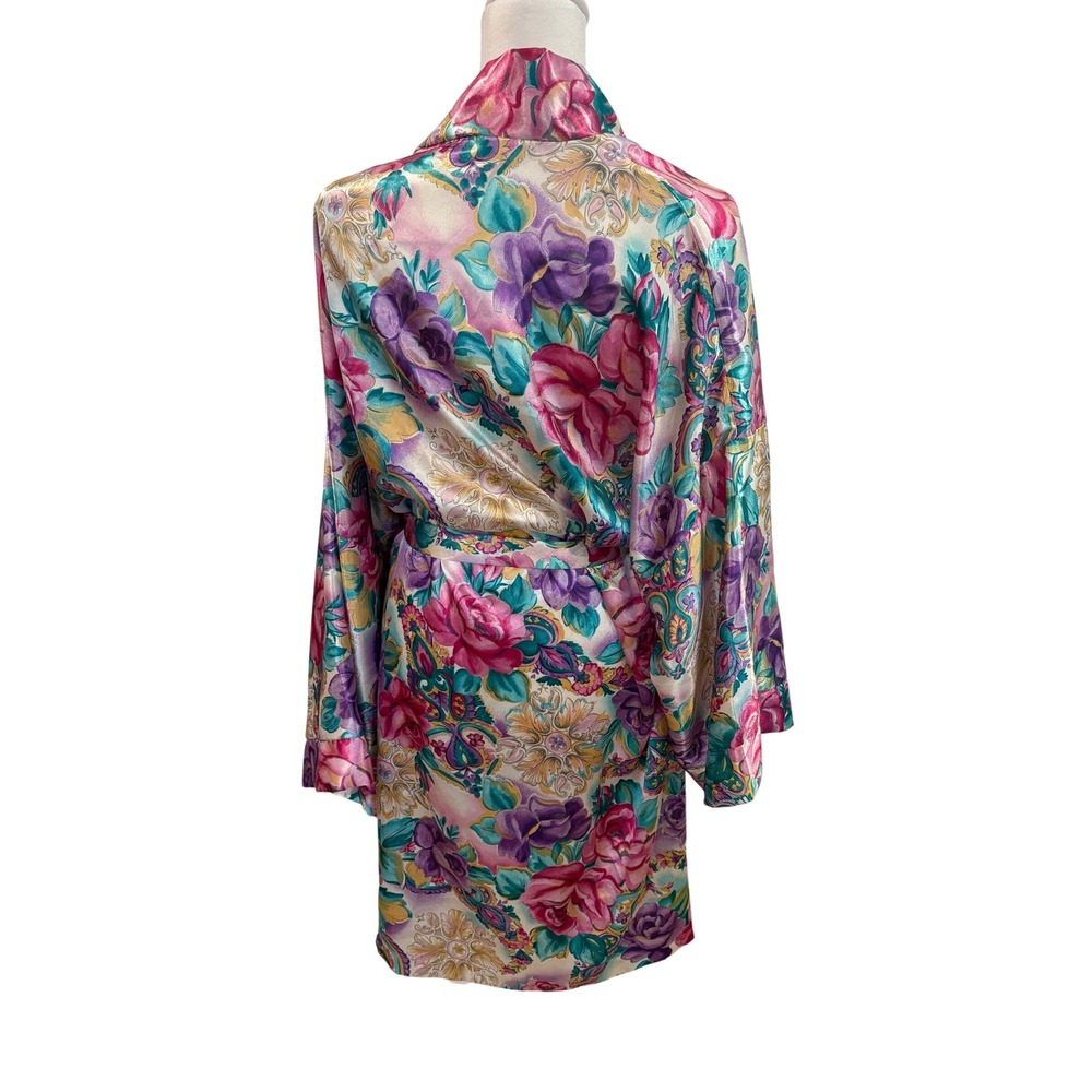 Vintage Adonna Woman Floral Satin Robe Pink Purple Paisley Kimono 2X USA - Picture 5 of 16